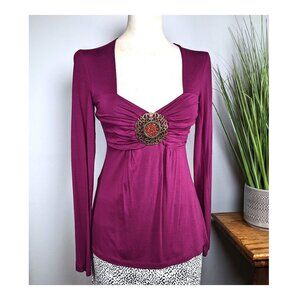 Vertigo Y2K ruched bodycon medallion Baby Doll stretch tunic top Sz M Purple